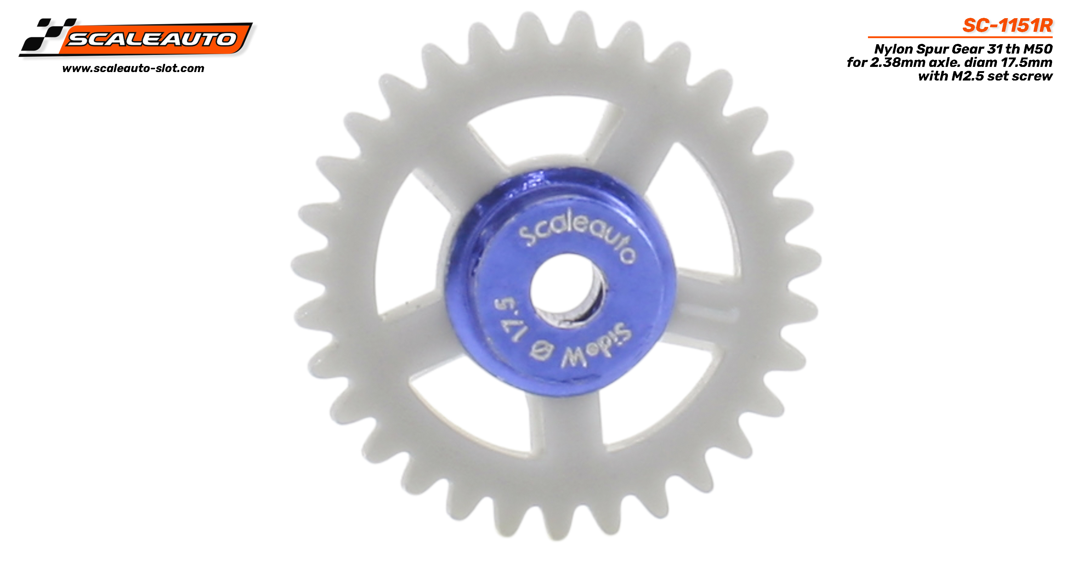 SC-1151R Nylon Spur Gear 31 th M50 for 2.38mm axle. diam 17.5mm with M2.5 set screw