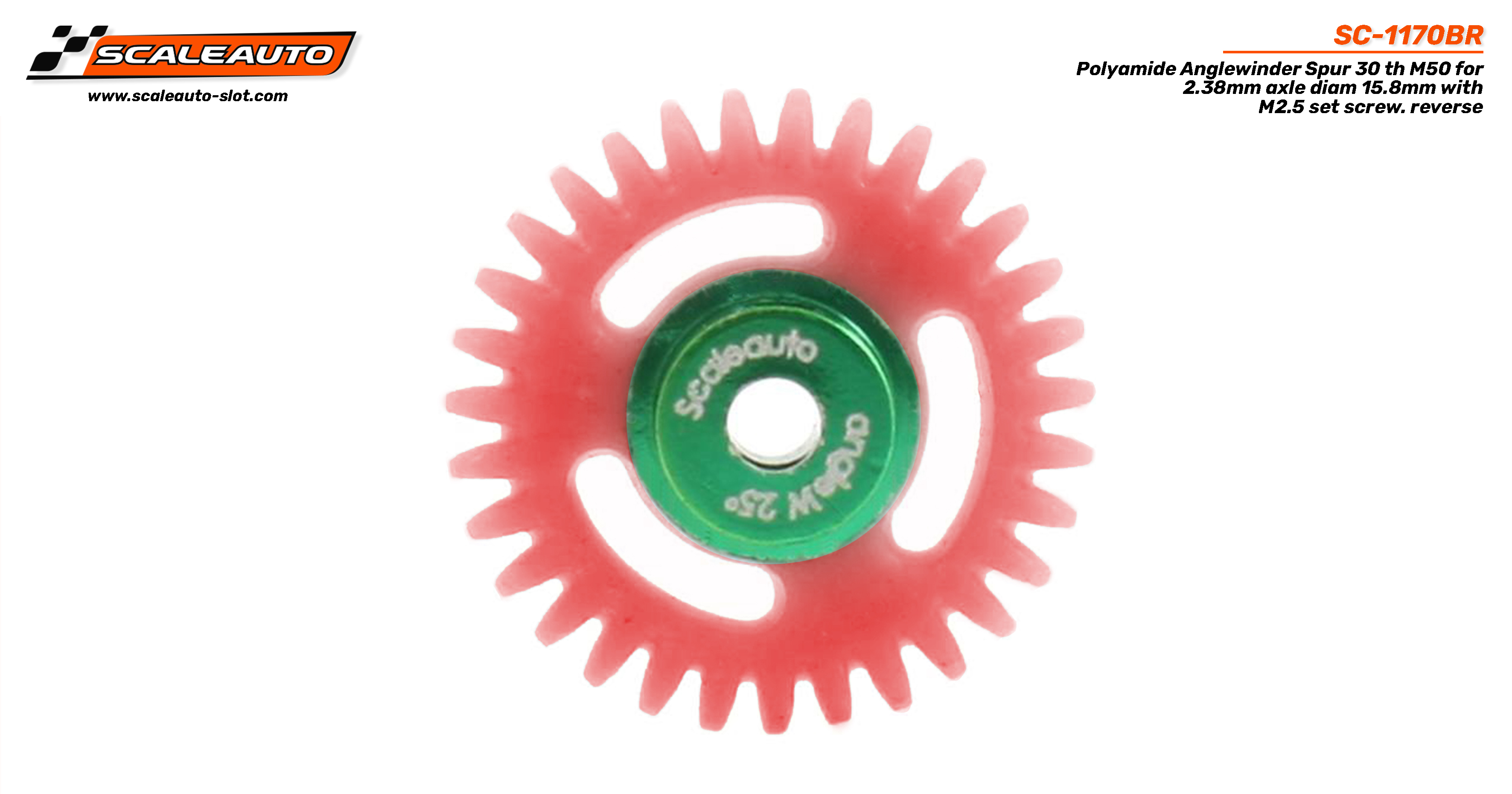 SC-1170BR Polyamide Anglewinder Spur 30 th M50 for 2.38mm axle diam 15.8mm with M2.5 set screw. reverse