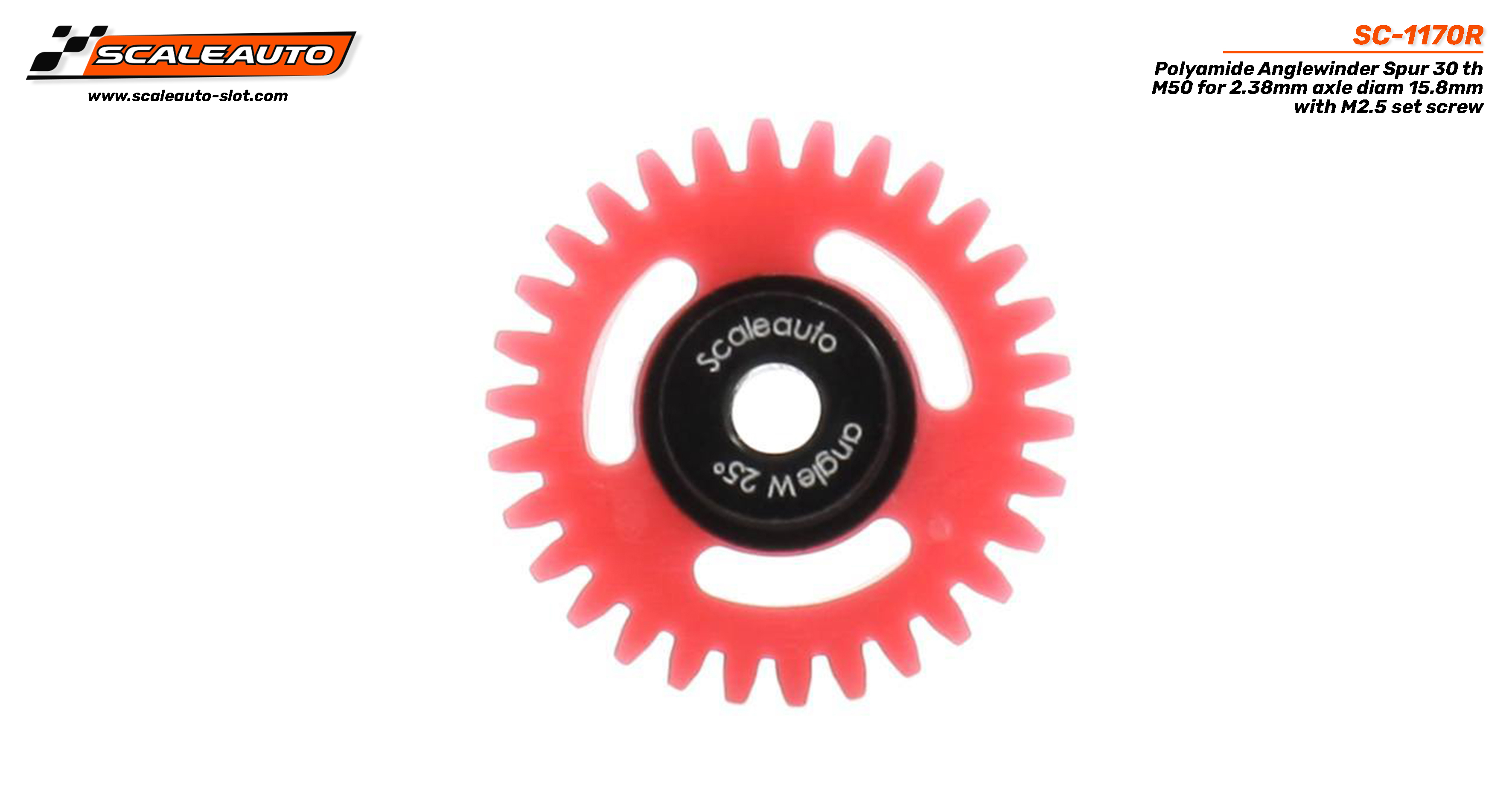 SC-1170R Polyamide Anglewinder Spur 30 th M50 for 2.38mm axle diam 15.8mm with M2.5 set screw